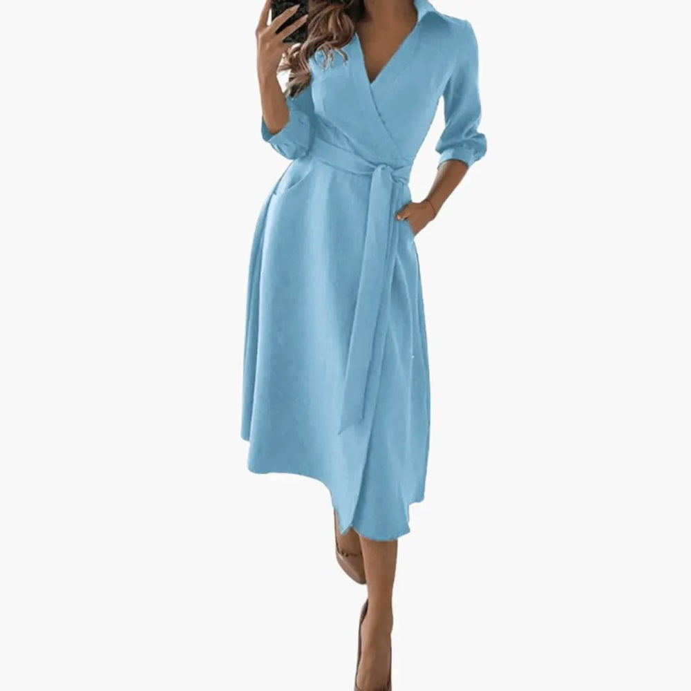 Women's Midi Dress – Lapel Collar, Long Sleeve & Waist Bow