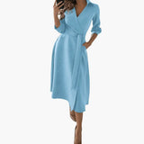 Women's Midi Dress – Lapel Collar, Long Sleeve & Waist Bow