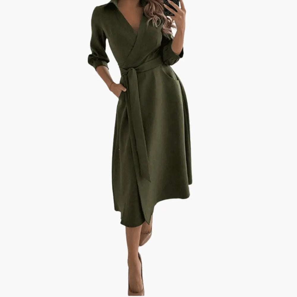 Women's Midi Dress – Lapel Collar, Long Sleeve & Waist Bow