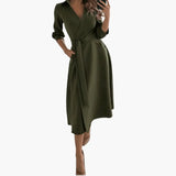 Women's Midi Dress – Lapel Collar, Long Sleeve & Waist Bow