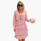 Women's Tiered Dress – Round Neck, Long Sleeve & Layered Skirt