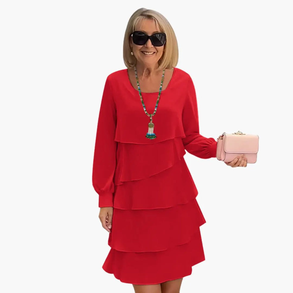 Women's Tiered Dress – Round Neck, Long Sleeve & Layered Skirt