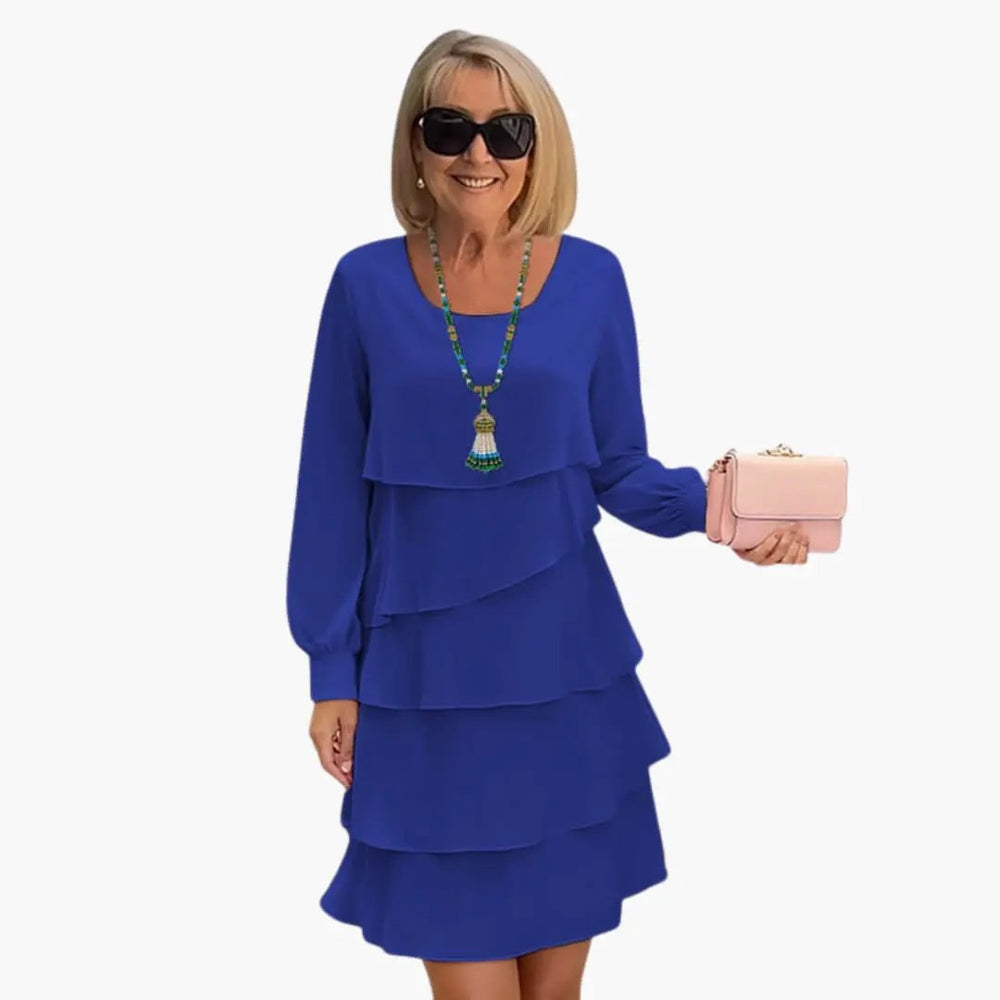 Women's Tiered Dress – Round Neck, Long Sleeve & Layered Skirt