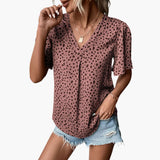 Women's T-Shirt – Leopard Print, V-Neck & Elbow-Length Sleeves