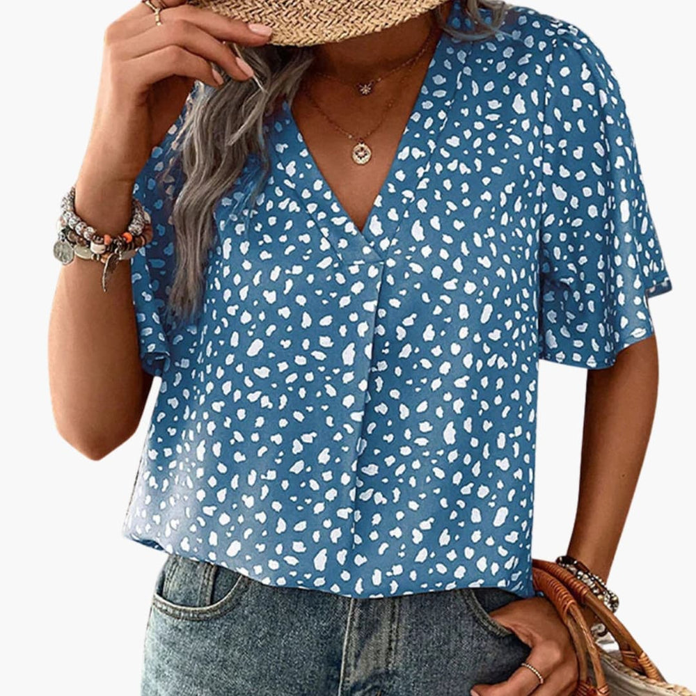 Women's T-Shirt – Leopard Print, V-Neck & Elbow-Length Sleeves