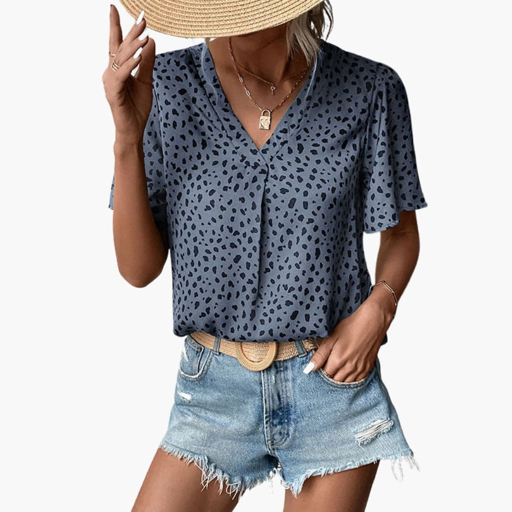 Women's T-Shirt – Leopard Print, V-Neck & Elbow-Length Sleeves