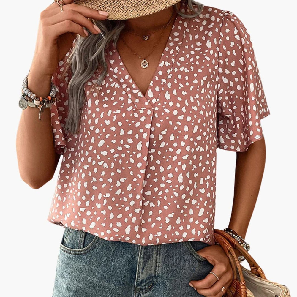 Women's T-Shirt – Leopard Print, V-Neck & Elbow-Length Sleeves