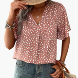 Women's T-Shirt – Leopard Print, V-Neck & Elbow-Length Sleeves