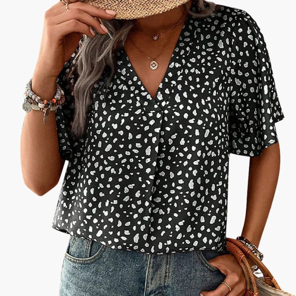 Women's T-Shirt – Leopard Print, V-Neck & Elbow-Length Sleeves