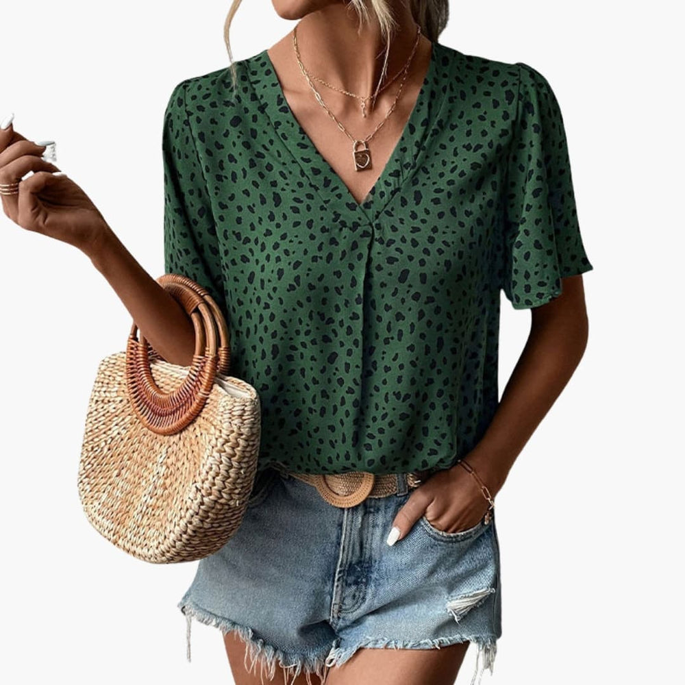 Women's T-Shirt – Leopard Print, V-Neck & Elbow-Length Sleeves