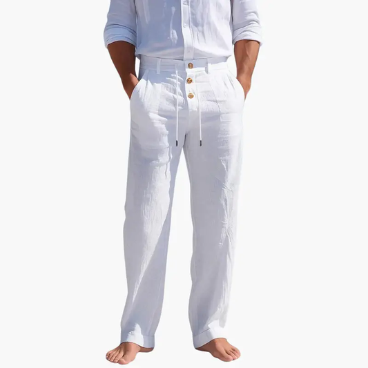 Women's Linen Trousers with Drawstring Waist and Pleated Front