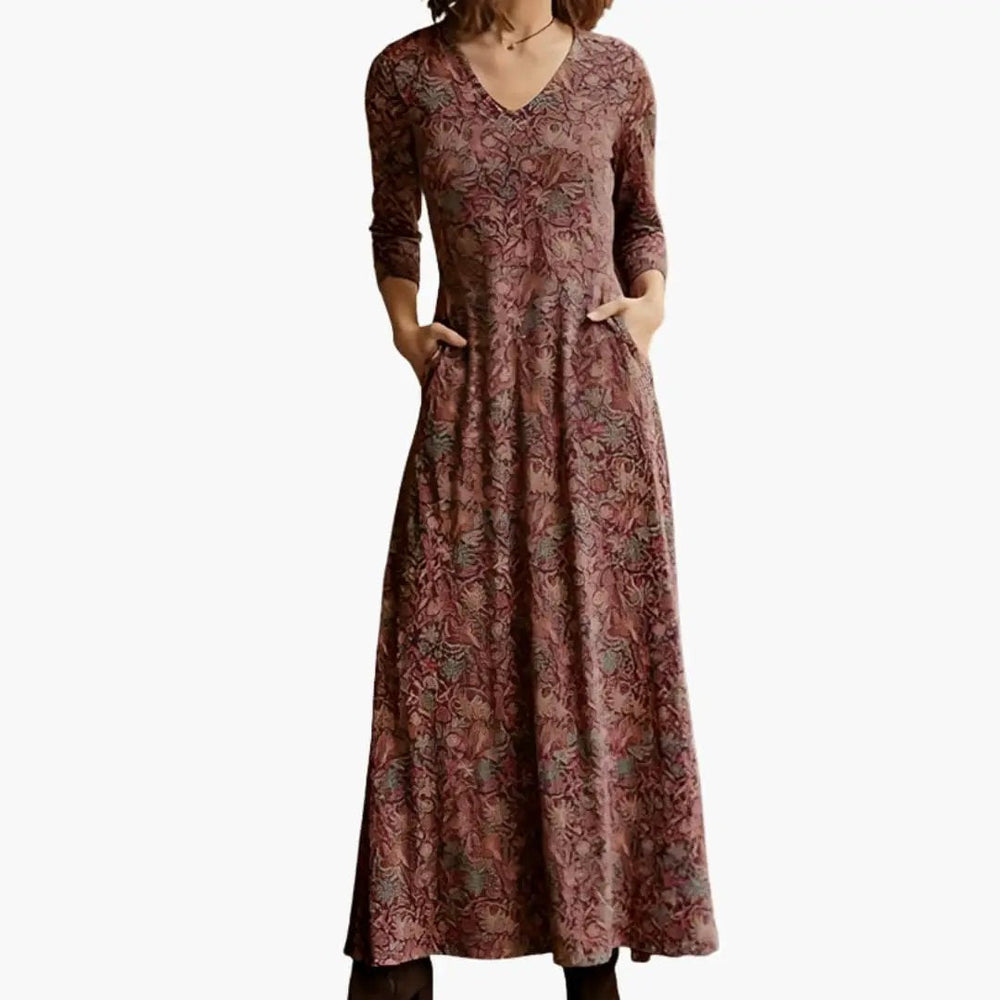 Long Dress – Women's, Retro Pattern & Long Sleeves