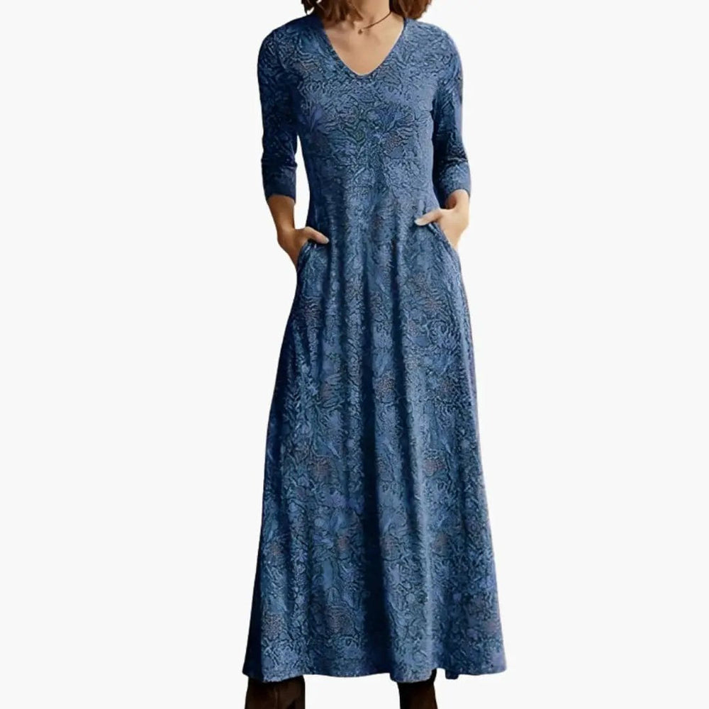 Long Dress – Women's, Retro Pattern & Long Sleeves