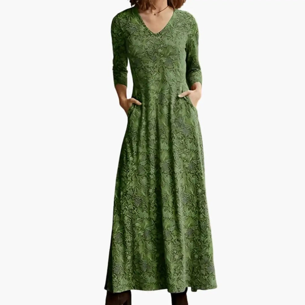 Long Dress – Women's, Retro Pattern & Long Sleeves