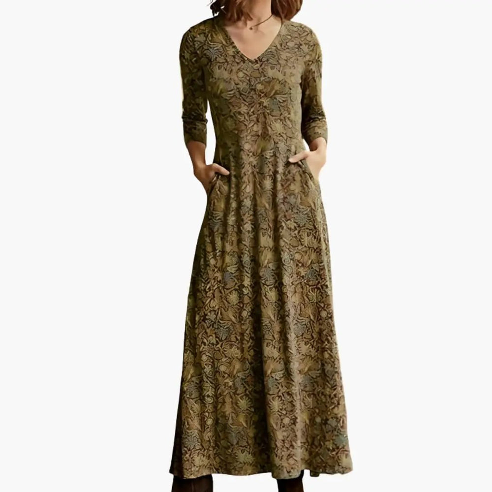 Long Dress – Women's, Retro Pattern & Long Sleeves