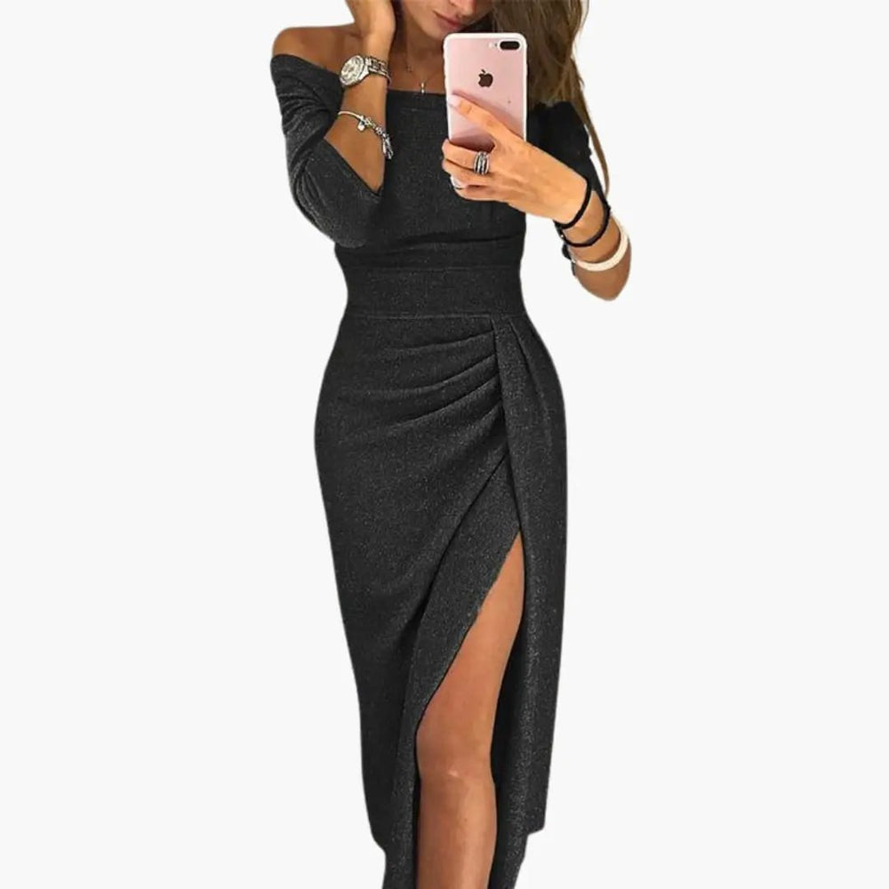 Women's Long Dress – Off-Shoulder Neckline, Long Sleeves & Floor-Length Skirt