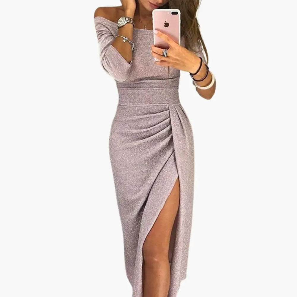 Women's Long Dress – Off-Shoulder Neckline, Long Sleeves & Floor-Length Skirt