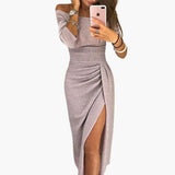Women's Long Dress – Off-Shoulder Neckline, Long Sleeves & Floor-Length Skirt