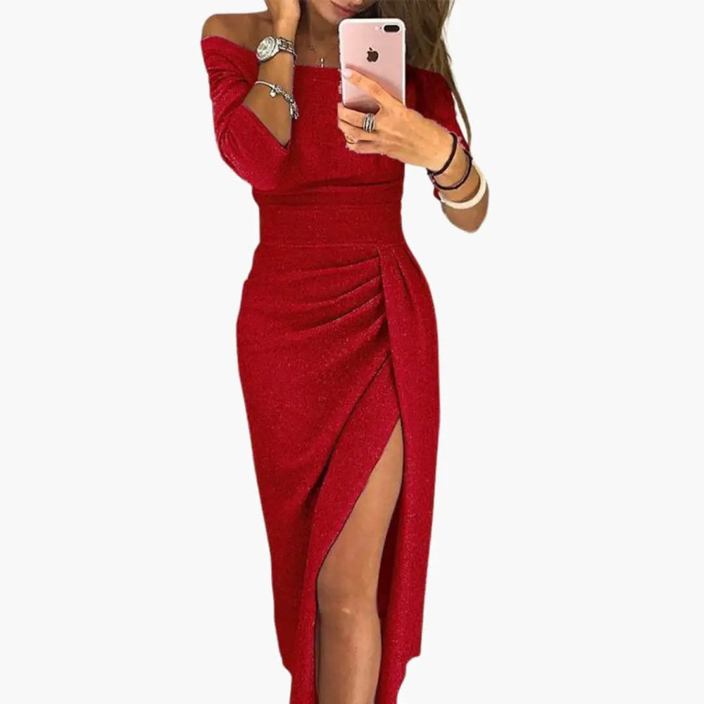 Women's Long Dress – Off-Shoulder Neckline, Long Sleeves & Floor-Length Skirt