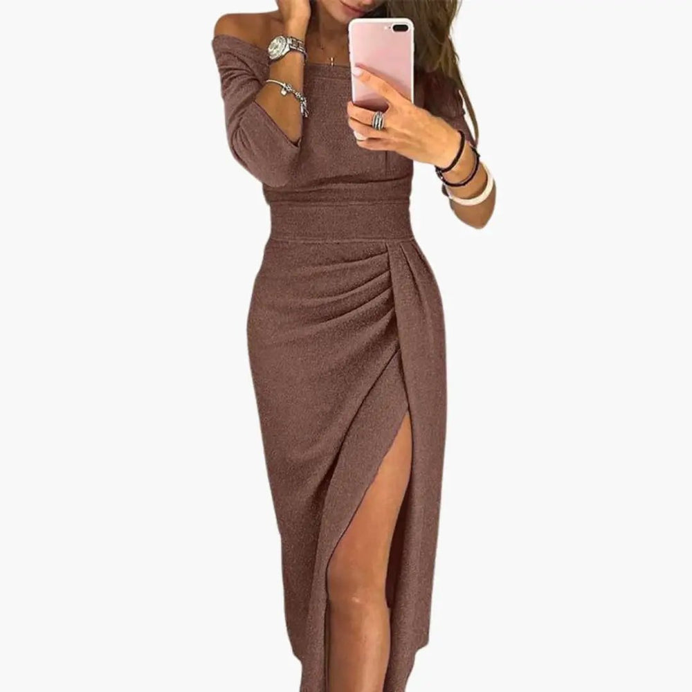 Women's Long Dress – Off-Shoulder Neckline, Long Sleeves & Floor-Length Skirt