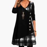 Women's Midi Dress – Checkered Print, Long Sleeve & A-Line Skirt Shape