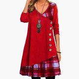 Women's Midi Dress – Checkered Print, Long Sleeve & A-Line Skirt Shape