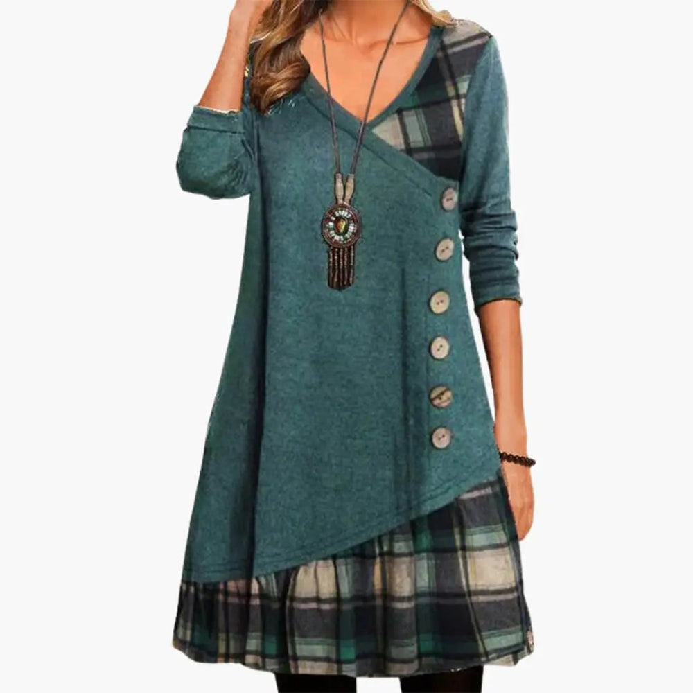 Women's Midi Dress – Checkered Print, Long Sleeve & A-Line Skirt Shape