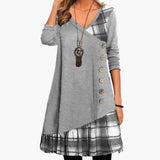 Women's Midi Dress – Checkered Print, Long Sleeve & A-Line Skirt Shape