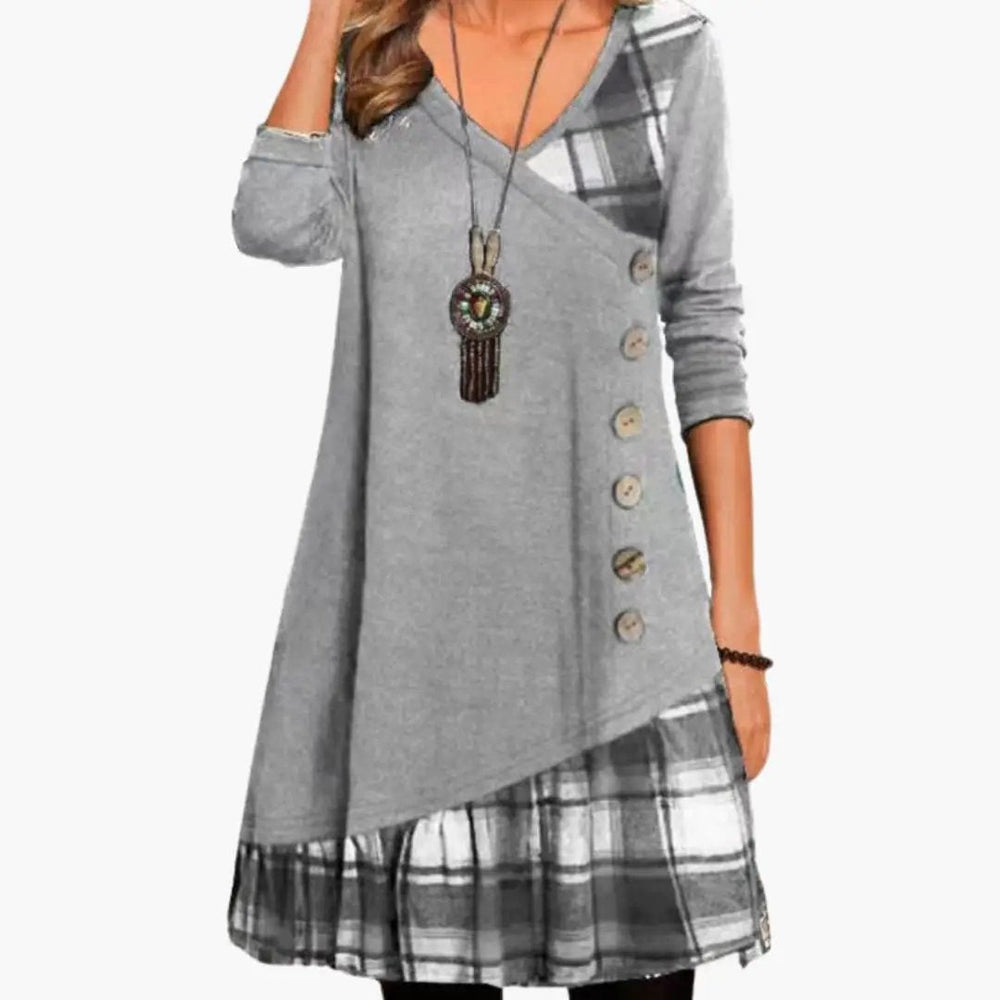 Checkered Dress – Women's, Long Sleeve & Round Neckline