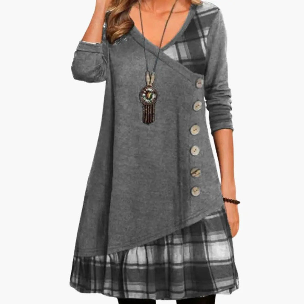 Checkered Dress – Women's, Long Sleeve & Round Neckline