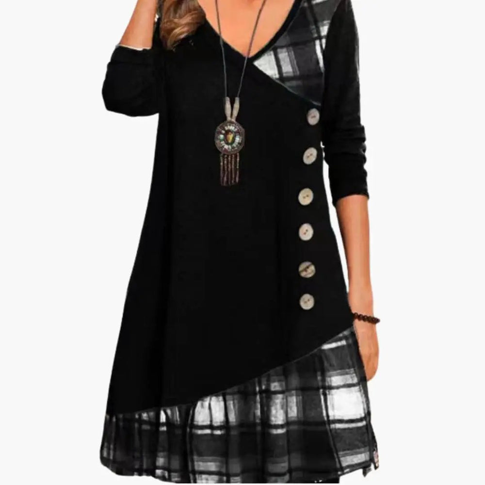 Checkered Dress – Women's, Long Sleeve & Round Neckline