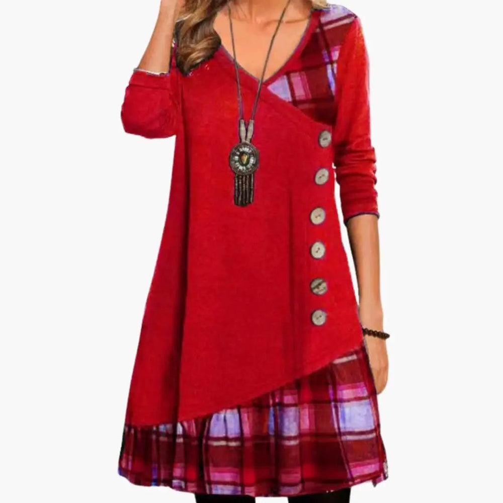 Checkered Dress – Women's, Long Sleeve & Round Neckline
