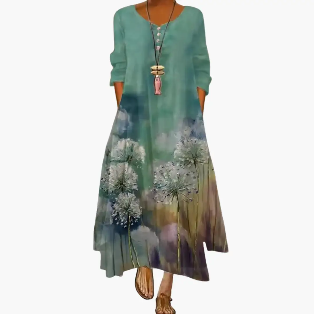 Women's A-Line Dress – Long Sleeve, Side Pockets & Round Neck