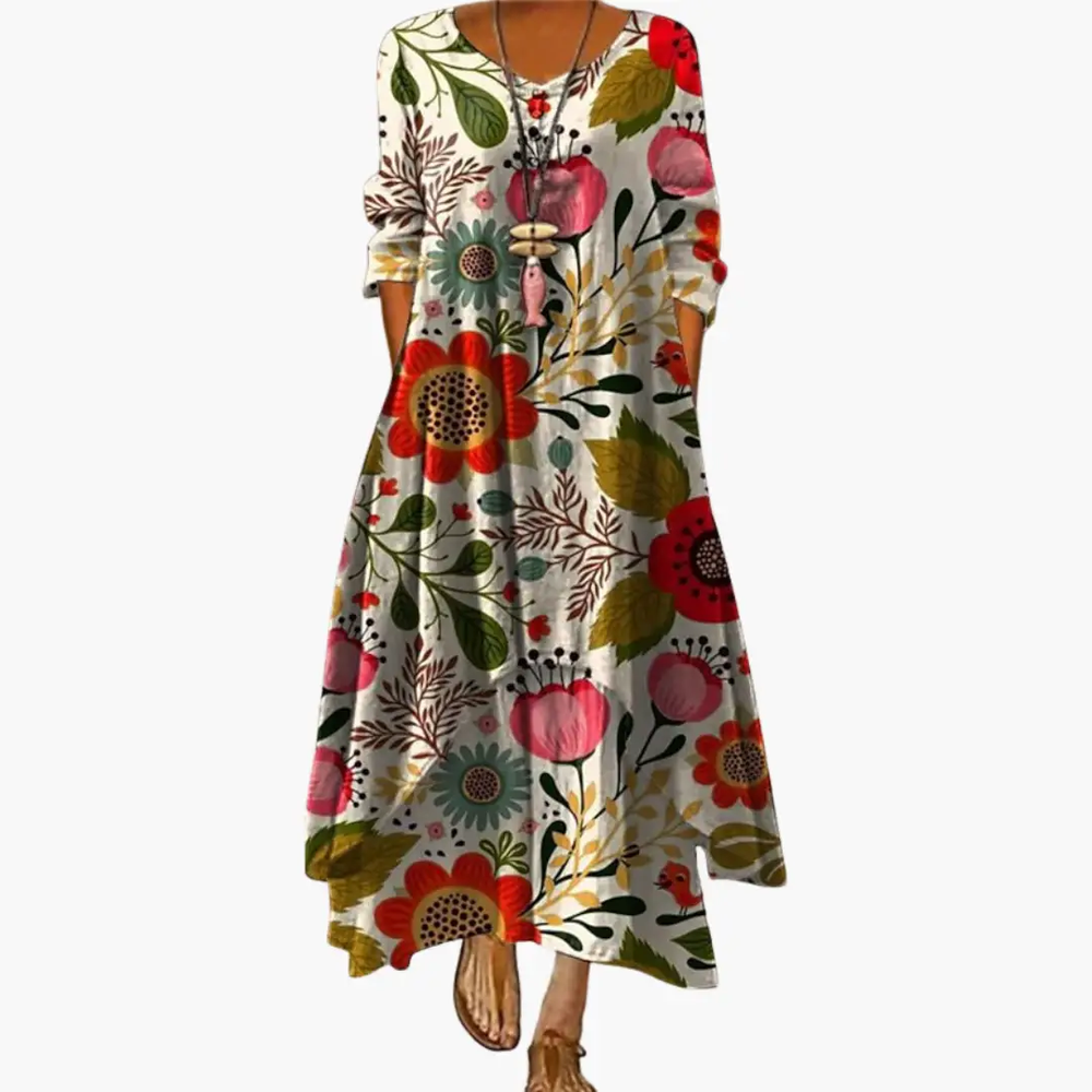 Women's A-Line Dress – Long Sleeve, Side Pockets & Round Neck