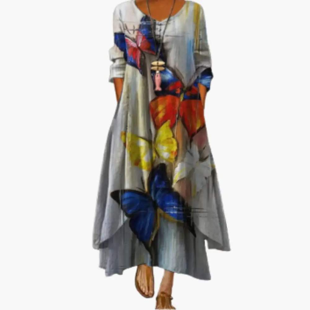 Women's A-Line Dress – Long Sleeve, Side Pockets & Round Neck