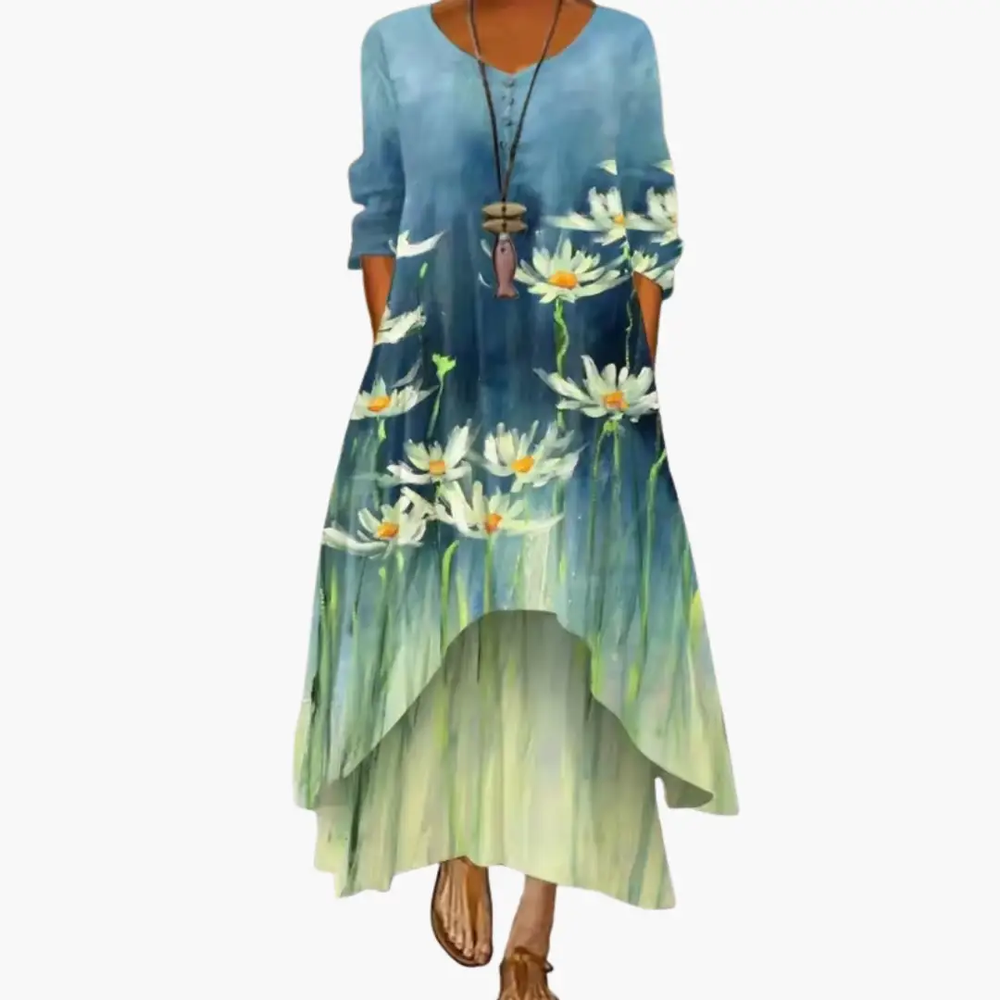 Women's A-Line Dress – Long Sleeve, Side Pockets & Round Neck