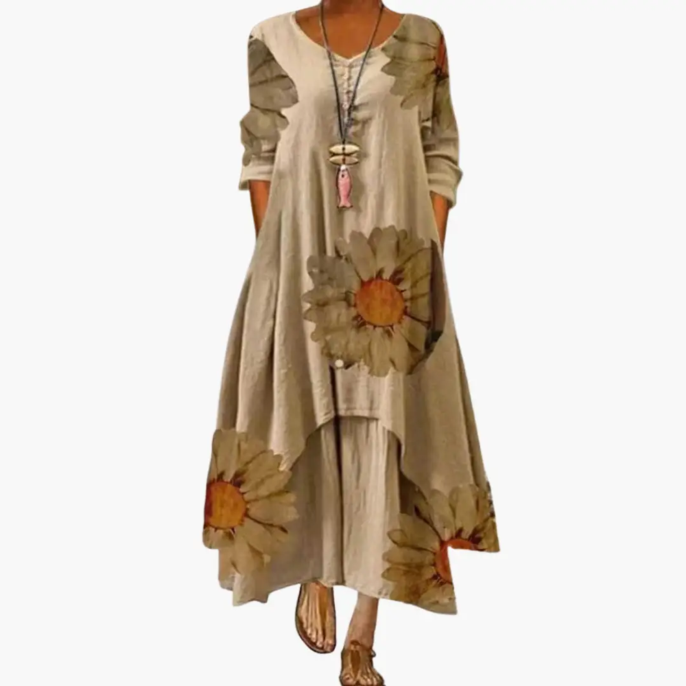 Women's A-Line Dress – Long Sleeve, Side Pockets & Round Neck