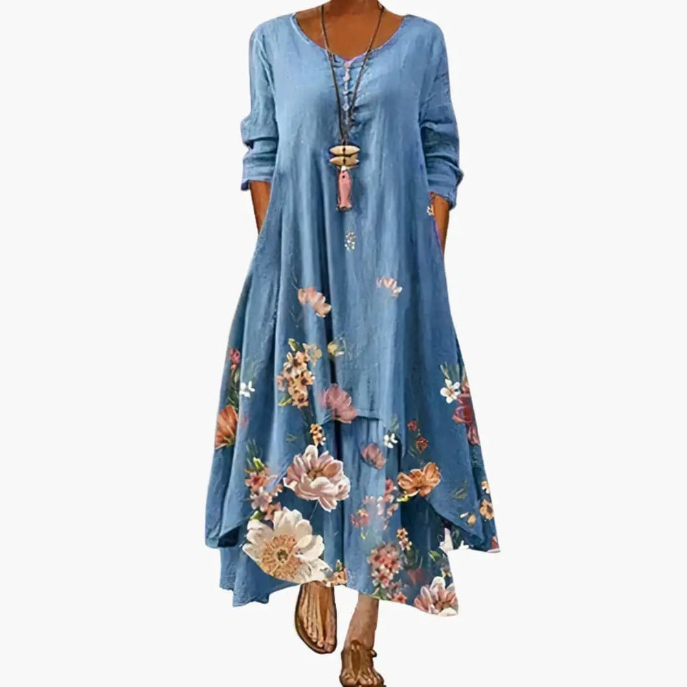 Women's A-Line Dress – Long Sleeve, Side Pockets & Round Neck