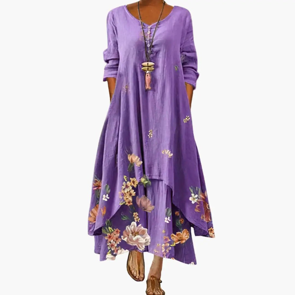 Women's A-Line Dress – Long Sleeve, Side Pockets & Round Neck
