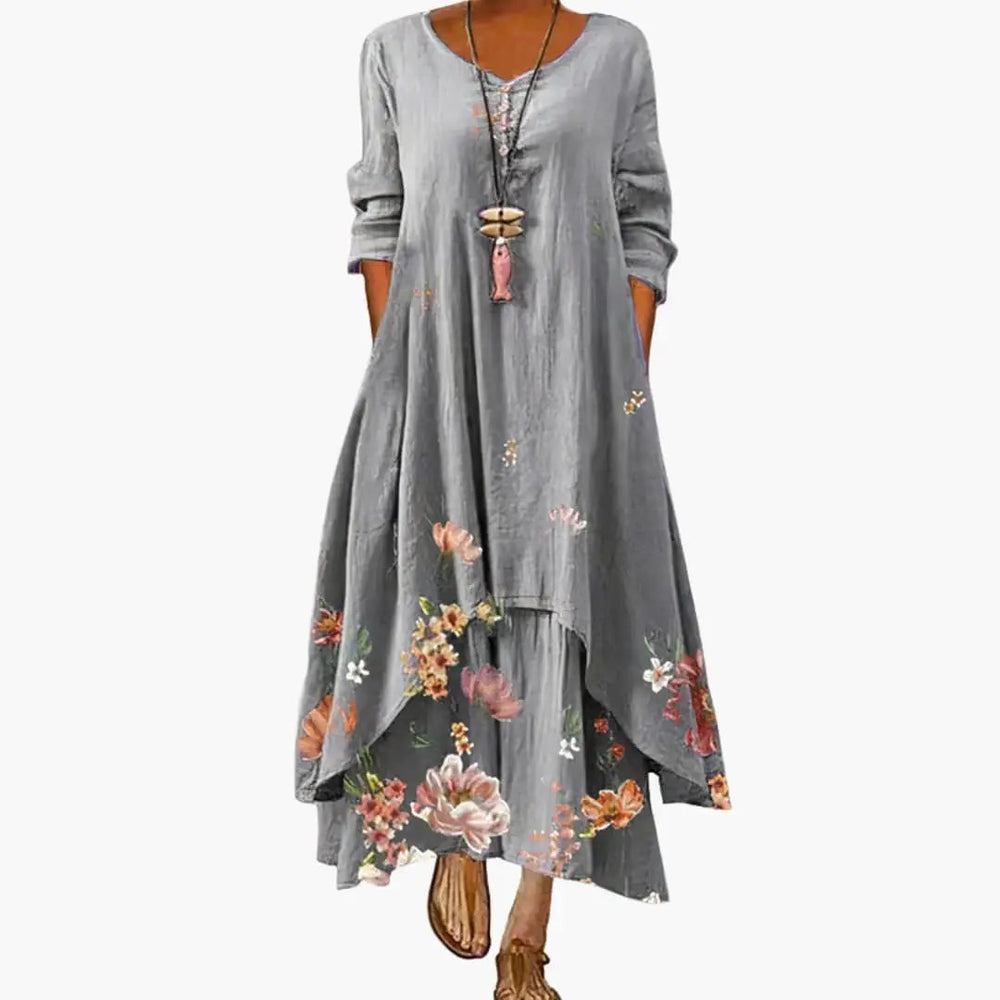 Women's A-Line Dress – Long Sleeve, Side Pockets & Round Neck