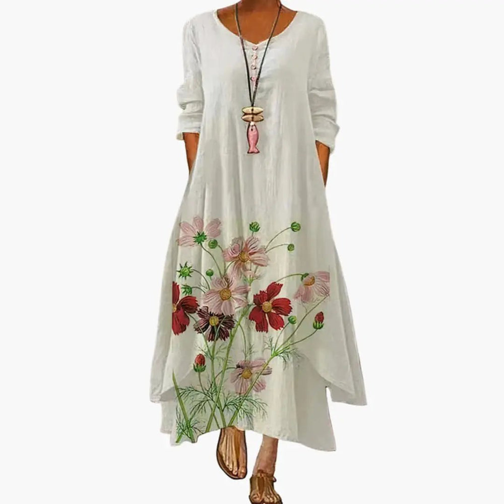 Women's A-Line Dress – Long Sleeve, Side Pockets & Round Neck