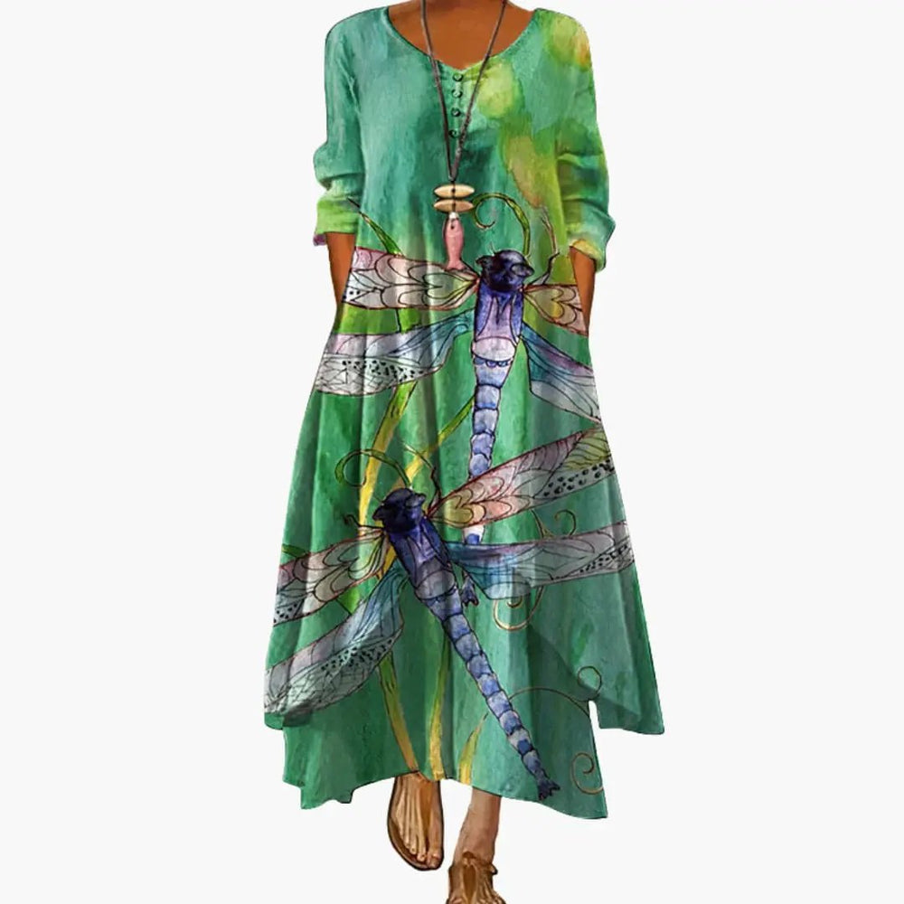 Women's A-Line Dress – Long Sleeve, Side Pockets & Round Neck