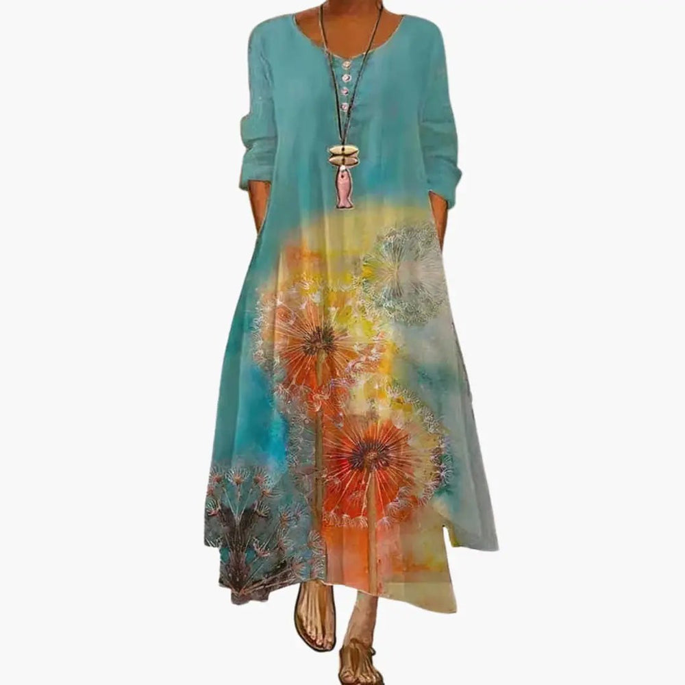 Women's A-Line Dress – Long Sleeve, Side Pockets & Round Neck