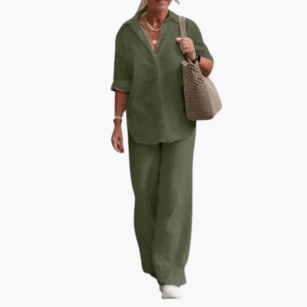 Women's Two-Piece Set – Long Sleeve Top, Round Neck & Straight Leg Pants
