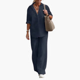 Women's Two-Piece Set – Long Sleeve Top, Round Neck & Straight Leg Pants