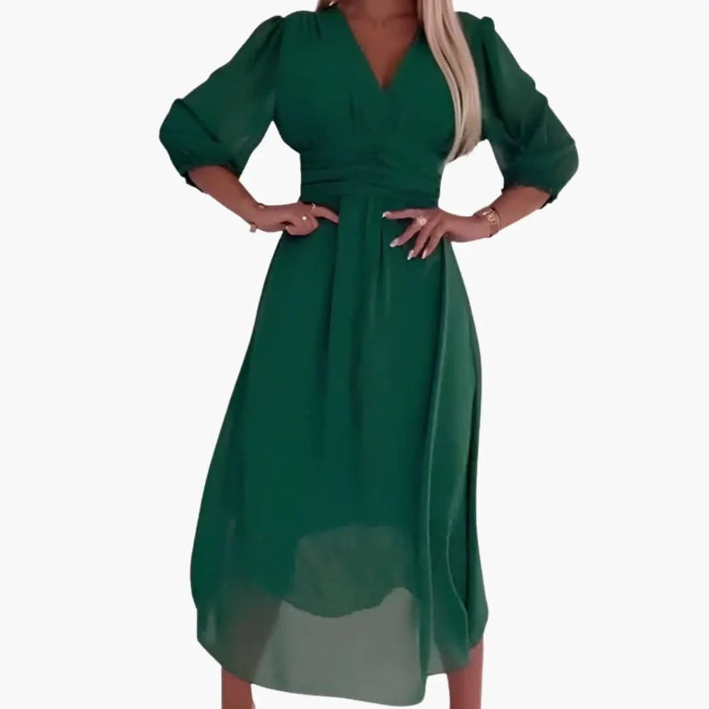 Women's Midi Dress – Wrap Style, V-Neck & Long Sleeve