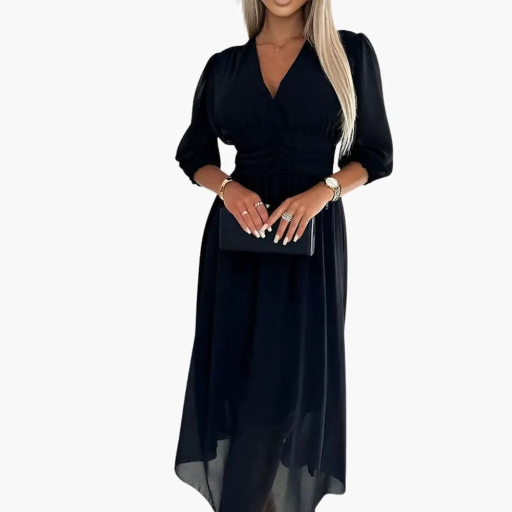 Women's Midi Dress – Wrap Style, V-Neck & Long Sleeve
