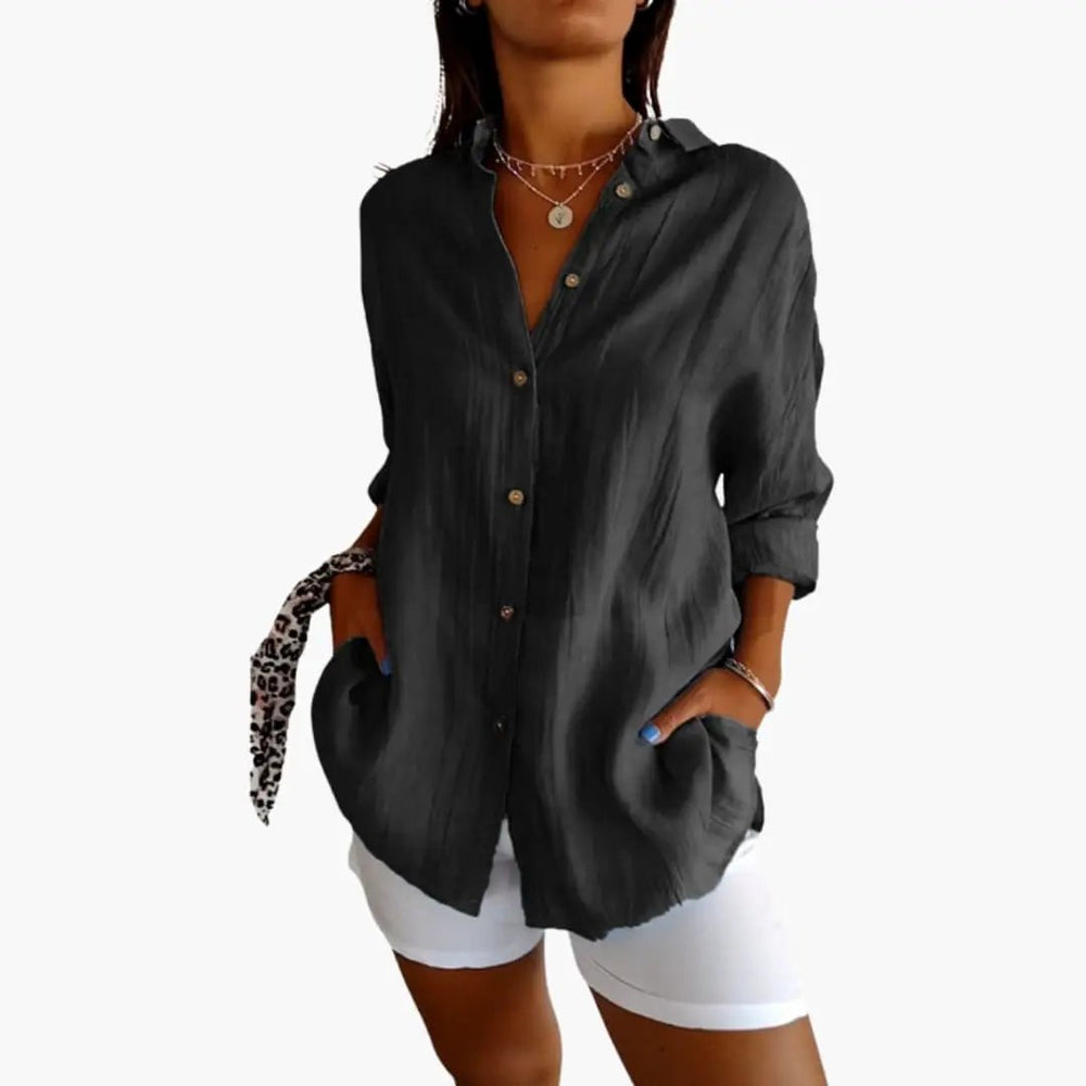 Women's Longline Blouse – Button-Front, Long Sleeves & Woven Fabric
