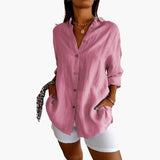 Women's Longline Blouse – Button-Front, Long Sleeves & Woven Fabric