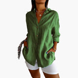 Women's Longline Blouse – Button-Front, Long Sleeves & Woven Fabric